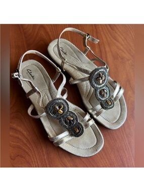Clarks Metallic Bronze Beaded T-Strap Sandals